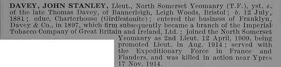 Davey J S Lt North Somerset Yeomanry Obit
