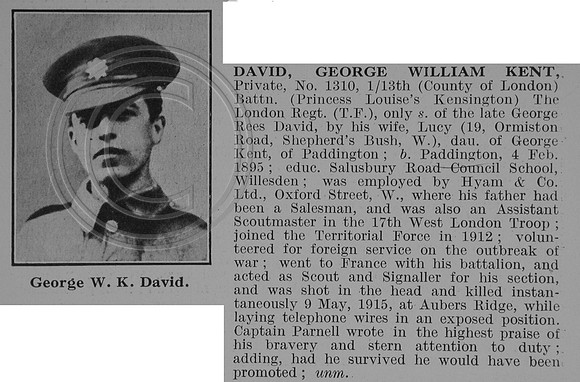 David G W K Pte 1310 13th London Regiment Obit