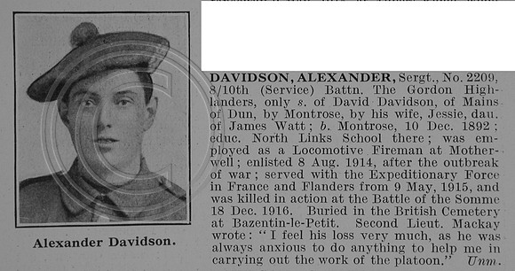 Davidson A Sergt 2209 10th Gordon Highlanders Obit