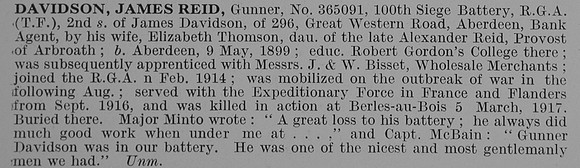 Davidson J R Gnr 365091 Royal Garrison Artillery Obit