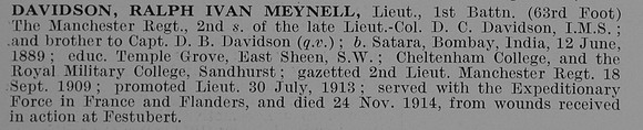 Davidson R I M Lt 1st Manchester Regiment Obit
