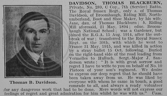 Davidson T B Pte 289 7th Royal Sussex Regiment Obit