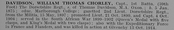 Davidson W T C Captain 1st Dorset Regiment Obit