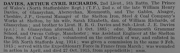Davies A C R 2nd Lt 5th North Staffs Regiment Obit