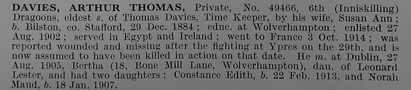 Davies A T Pte 49466 6th (Inniskilling) Dragoons Obit