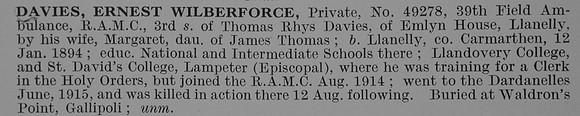 Davies E W Pte 49278 Royal Army Medical Corps Obit