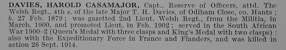 Davies H C Captain Welsh Regiment Obit
