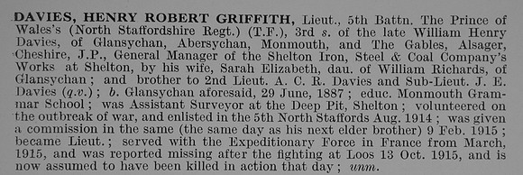 Davies H R G Lt 5th North Staffs Regiment Obit