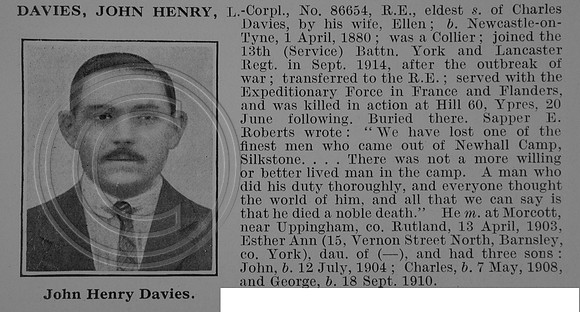 Davies J H LCpl 86654 Royal Engineers Obit