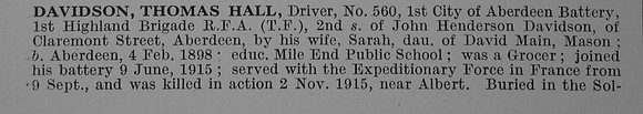Davidson T H Dvr 560 Royal Field Artillery Obit Part 1