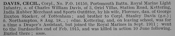 Davis C Cpl PO16150 Portsmouth Battalion Royal Marine Light Infantry Obit