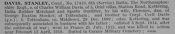 Davis S Cpl 17419 6th Northamptonshire Regiment Obit