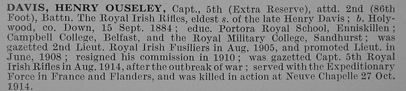 Davis H O Captain 5th Attd 2nd Royal Irish Rifles Obit
