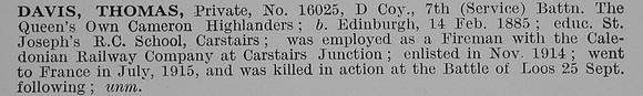 Davis T Pte 16025 7th Cameron Highlanders Obit