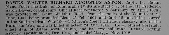 Dawes W R A A Captain 1st Wiltshire Regiment Obit
