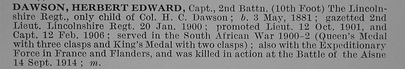 Dawson H E Captain 2nd Lincolnshire Regiment Obit