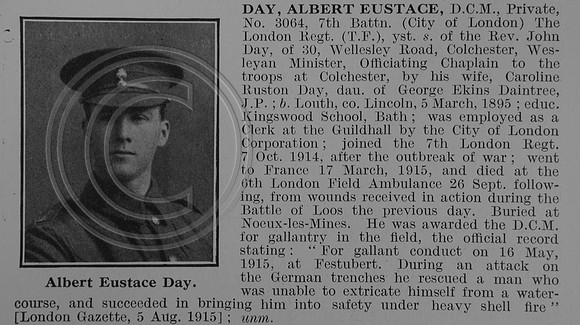 Day A E Pte DCM 3064 7th London Regiment Obit