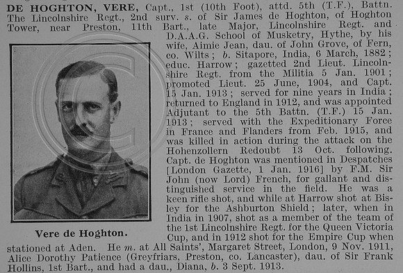 De Hoghton V Captain 1st Attd 5th Lincolnshire Regiment Obit
