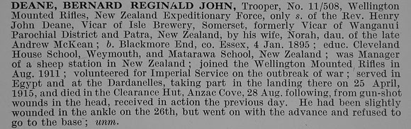 Deane B R J Tpr 11/508 Wellington Mounted Rifles NZEF Obit