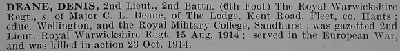 Deane D 2nd Lt 2nd Royal Warwickshire Regiment Obit