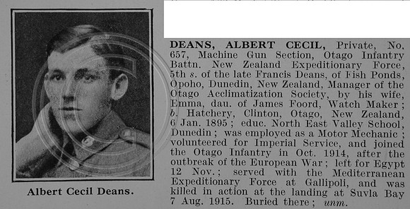 Deans A C Pte 657 Otago Infantry Battalion NZEF Obit