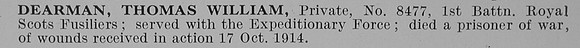 Dearman T W Pte 8477 1st Royal Scots Fusiliers Obit