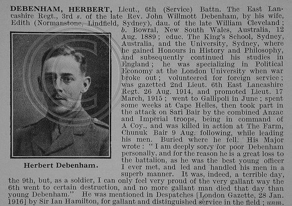 Debenham H Lt 6th East Lancs Regiment Obit