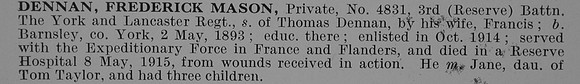 Dennan F M Pte 4831 3rd Yorks And Lancs Regiment Obit