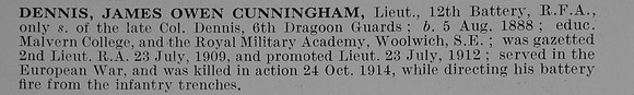 Dennis J O C Lt Royal Field Artillery Obit
