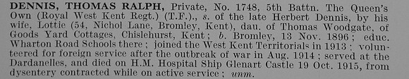 Dennis T R Pte 1748 5th Royal West Kent Regiment Obit