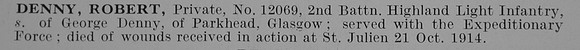 Denny R Pte 12069 2nd Highland Light Infantry Obit