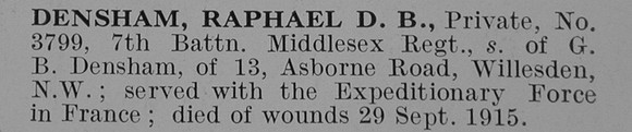 Densham R D B Pte 3799 7th Middlesex Regiment Obit