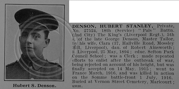 Denson H S Pte 27524 19th Kings Liverpool Regiment Obit