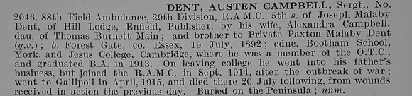 Dent A C Sergt 2046 Royal Army Medical Corps Obit