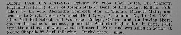 Dent P M Pte 2083 4th Seaforth Highlanders Obit