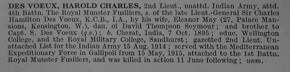 Des Voeux H C 2nd Lt Indian Army Attd Royal Munster Fusiliers Obit