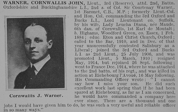 Warner C J Lt 2nd Oxford And Bucks Light Infantry Obit