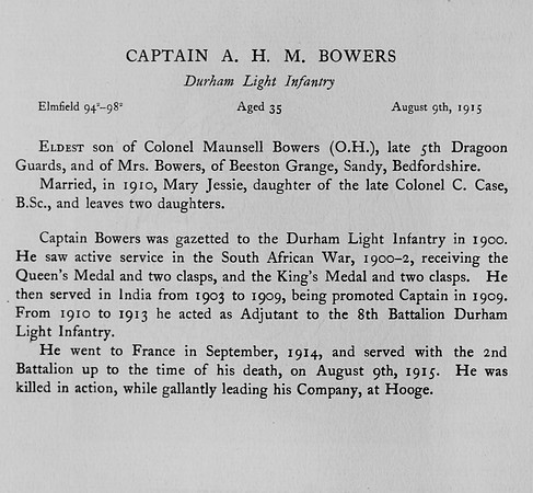 Bowers A H M Captain Durham Light Infantry Obit