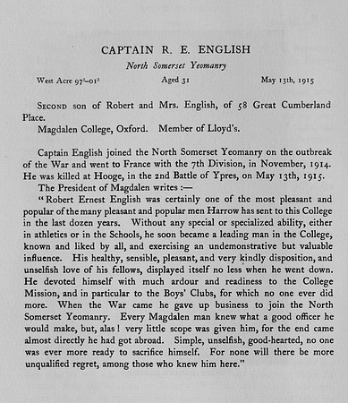 English R E Captain North Somerset Yeomanry Obit