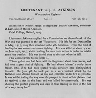 Atkinson G J B Lt Worcestershire Regiment Obit