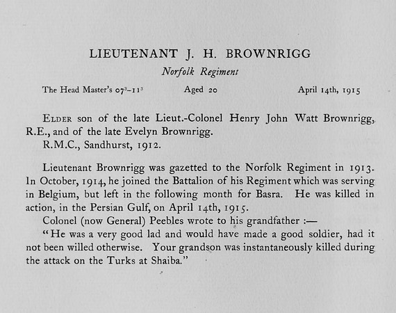 Brownrigg J H Lt Norfolk Regiment Obit