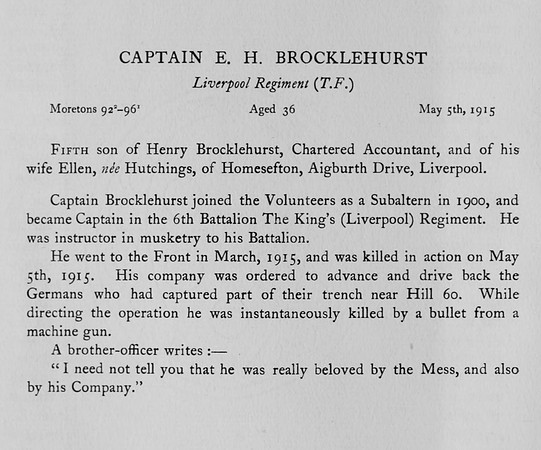 Brocklehurst E H Captain Kings Liverpool Regiment Obit