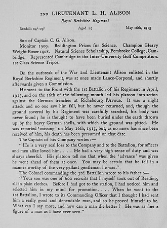 Alison L H 2nd Lt Royal Berkshire Regiment Obit