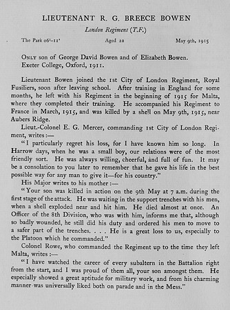 Bowen R G B Lt London Regiment Obit