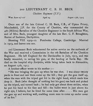 Beck C B H 2nd Lt Cheshire Regiment Obit