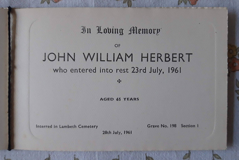 Memorial Card John William Herbert Died 1961 Lambeth Cemetery