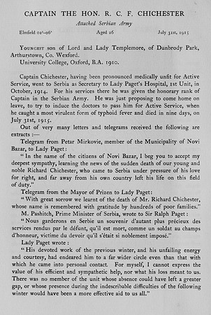Chichester R C F Captain The Hon Attached Serbian Army Obit