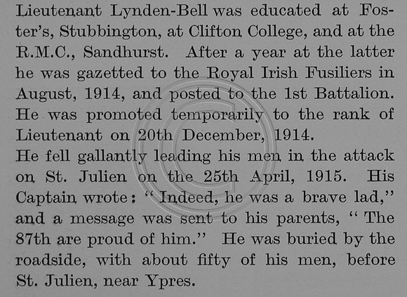 Lynden-Bell D P Lt 1st Royal Irish Fusiliers Obit Part 2 The Bond Of Sacrifice Vol 2
