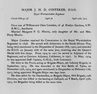 Costeker J H D Major DSO Royal Warwickshire Regiment Obit