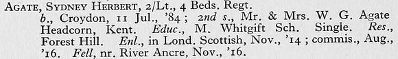 Agate S H 2nd Lt 4th Beds Regt Obit Croydon Roll Of Honour